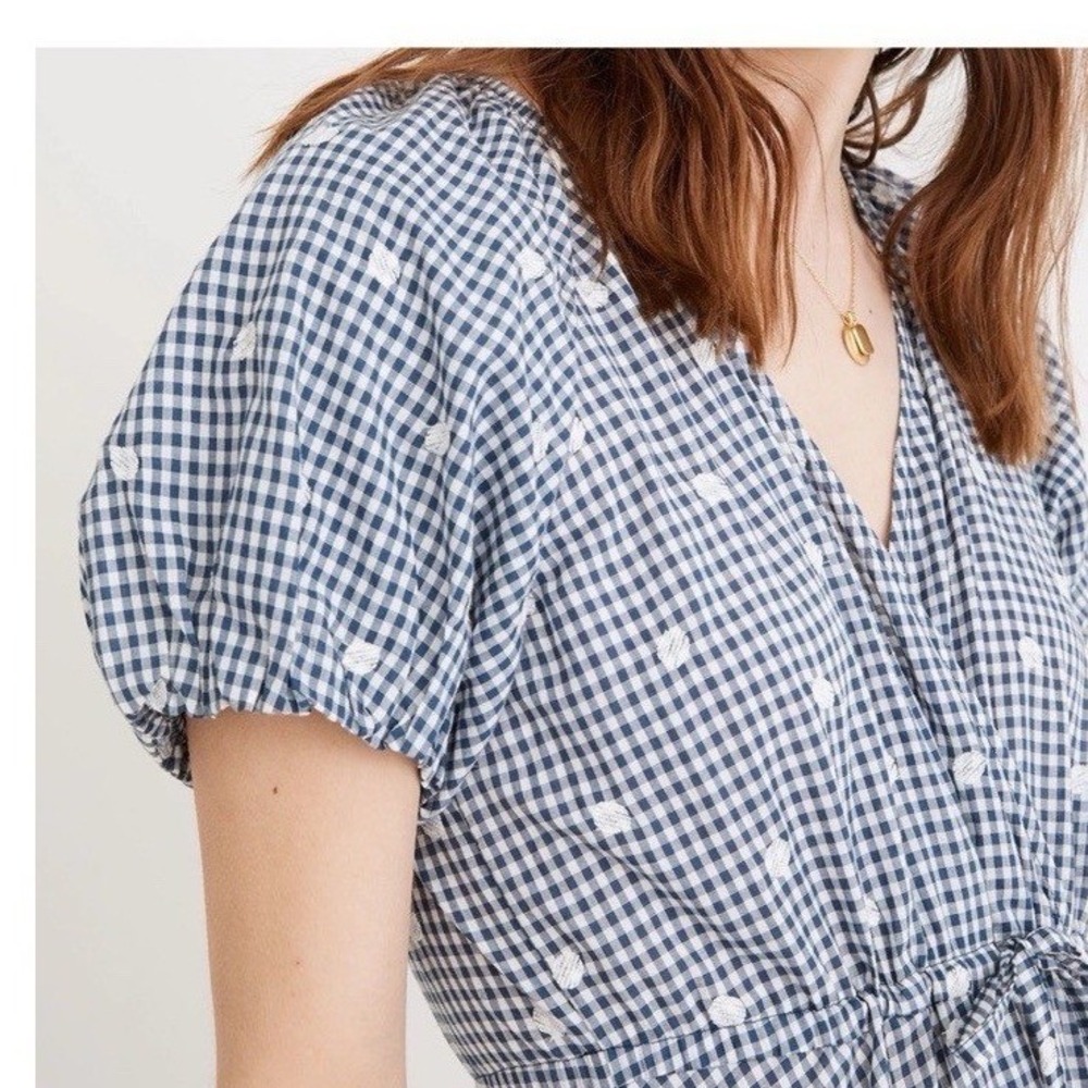 Madewell Gingham Embroidered Dot Puff Sleeve Midi Dress Navy White XXS - Picture 3 of 8